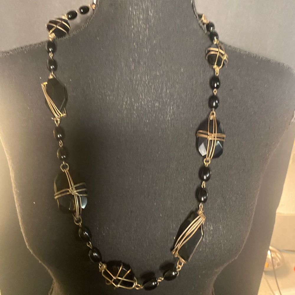 Elegant Black Beaded Wire-Wrapped Statement Necklace